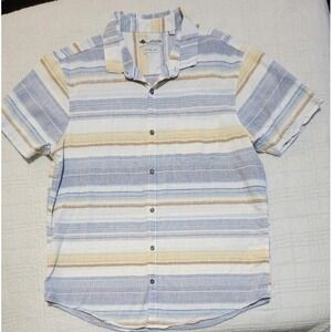 Tallwoods Mens XL Washable Linen Cotton Blend Button Striped Short Sleeve Shirt